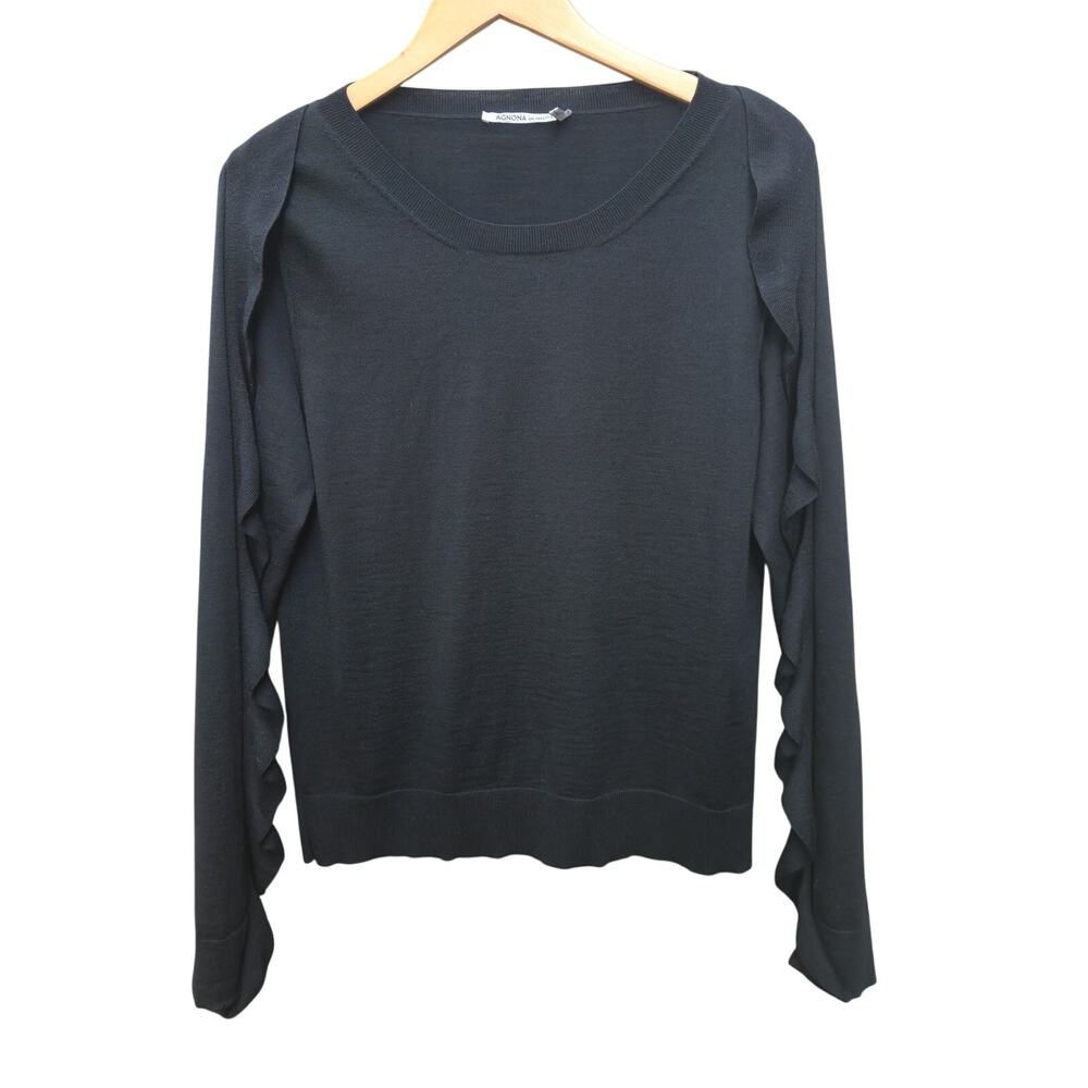 Agnona Black 100% Lana Wool Ruffle Sleeve Knit Sweater Top Size M